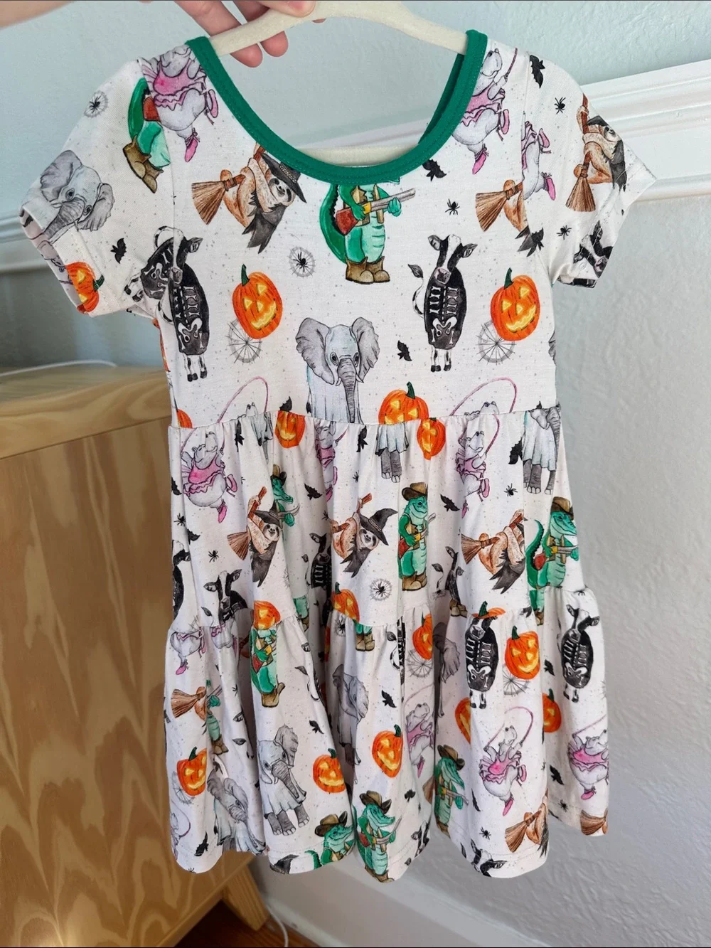 Girls' Halloween Patterned Dress with Green Trim